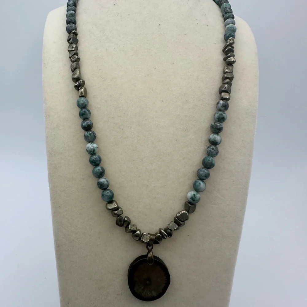 Pyrite and Jade Beaded Necklace with Pyrite Sun Pendant